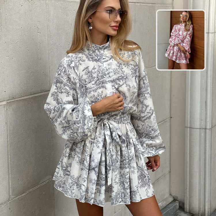 Lapel Tie Stand-up Collar  Short Dress  with Long Puffy Sleeve  Sleeve