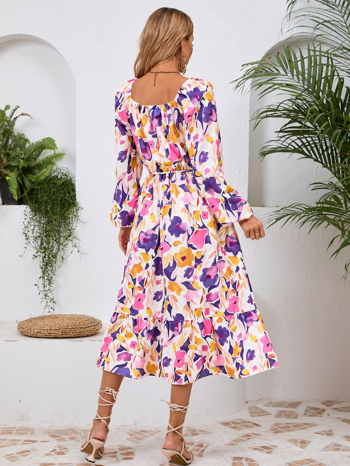 Happy Boho Printed Midi Dress with Long Sleeve