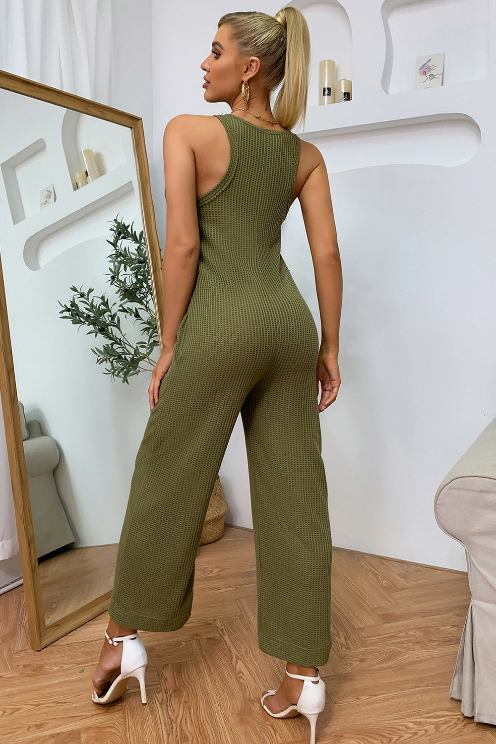 Buttoned Sleeveless Straight Leg Jumpsuit