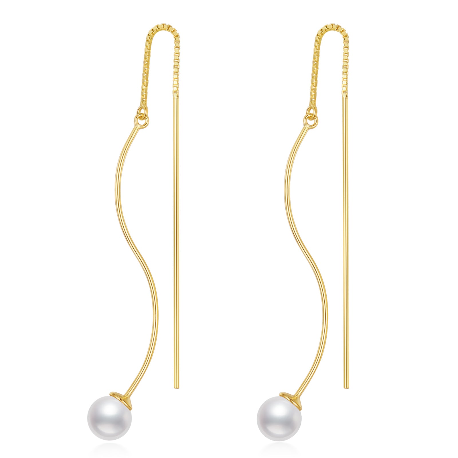 Sterling Silver Gold Plated Elegant Long Genuine Pearl Drop Threader Earrings.