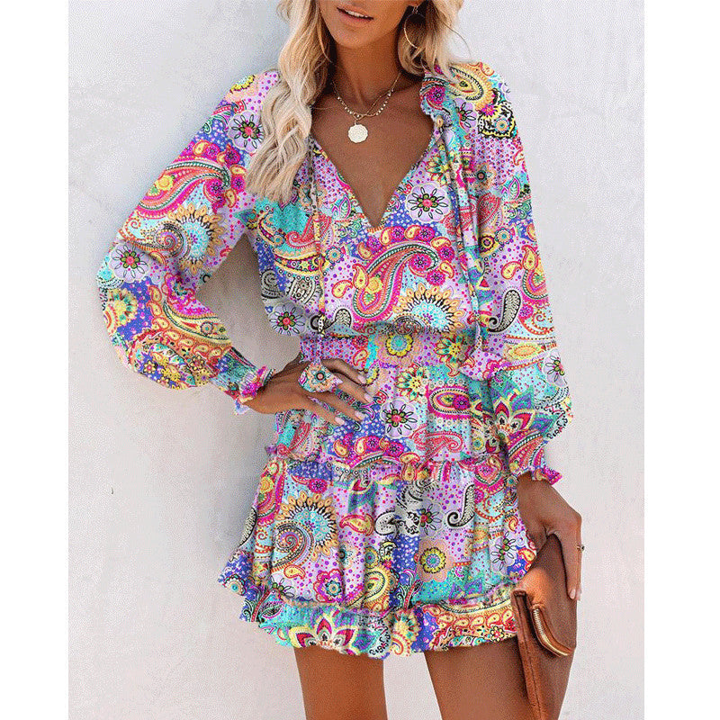 Flowers Patchwork  Print Long Sleeve Dress with Puff Sleeve