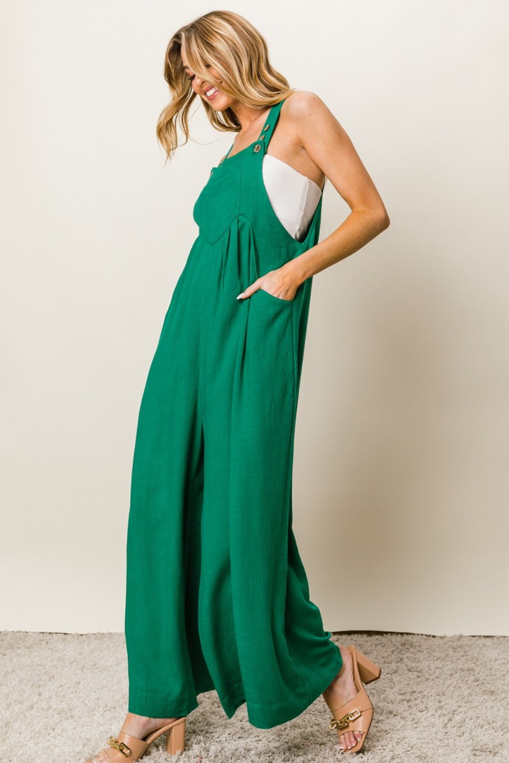 Jade Texture Sleeveless Wide Leg Jumpsuit