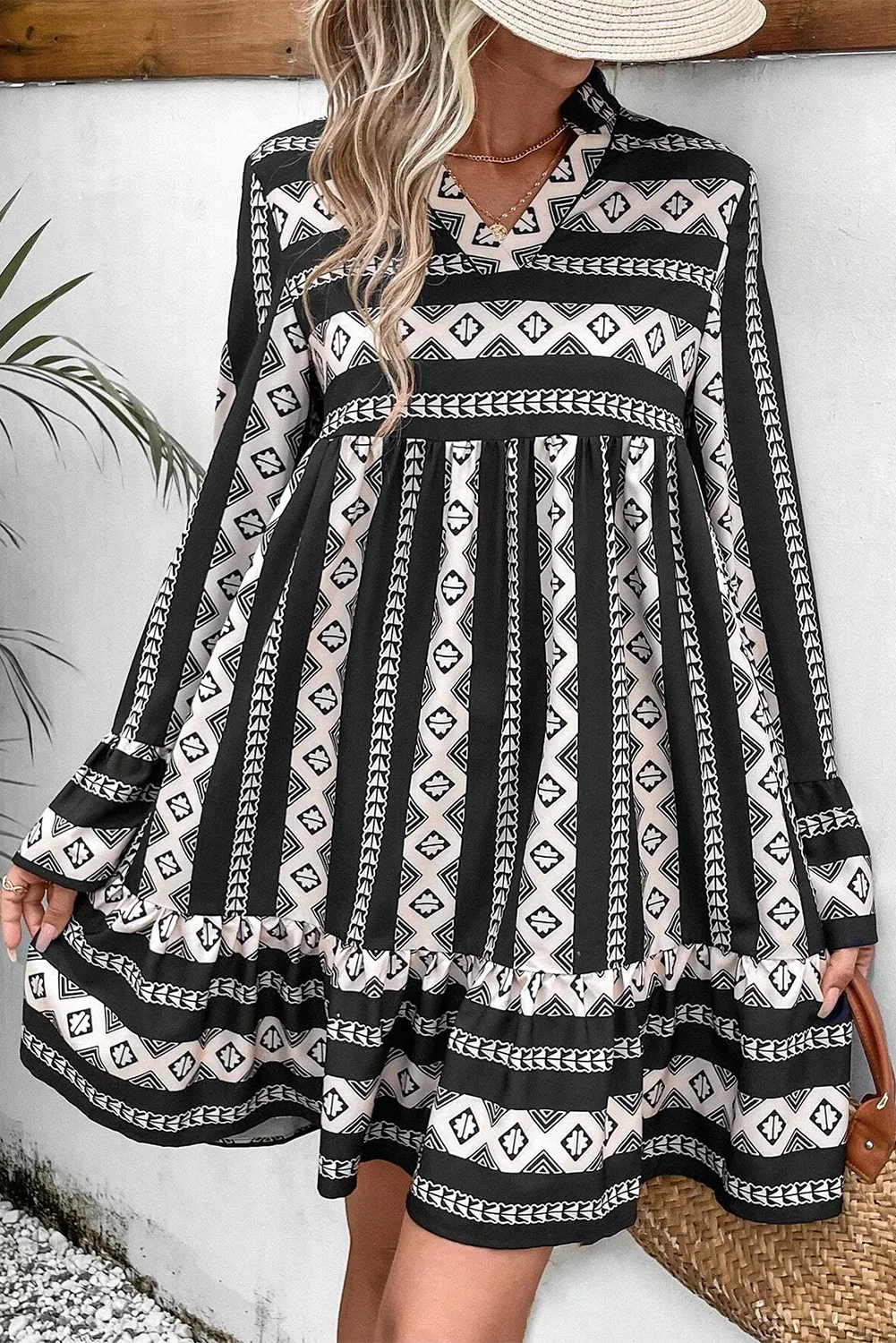 Country Black White Ruffle Hem Geometric Notched Flare Dress with Long  Sleeve