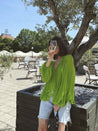 Chic Green Silk Crepe Top with Collar and Cuff Embellishments