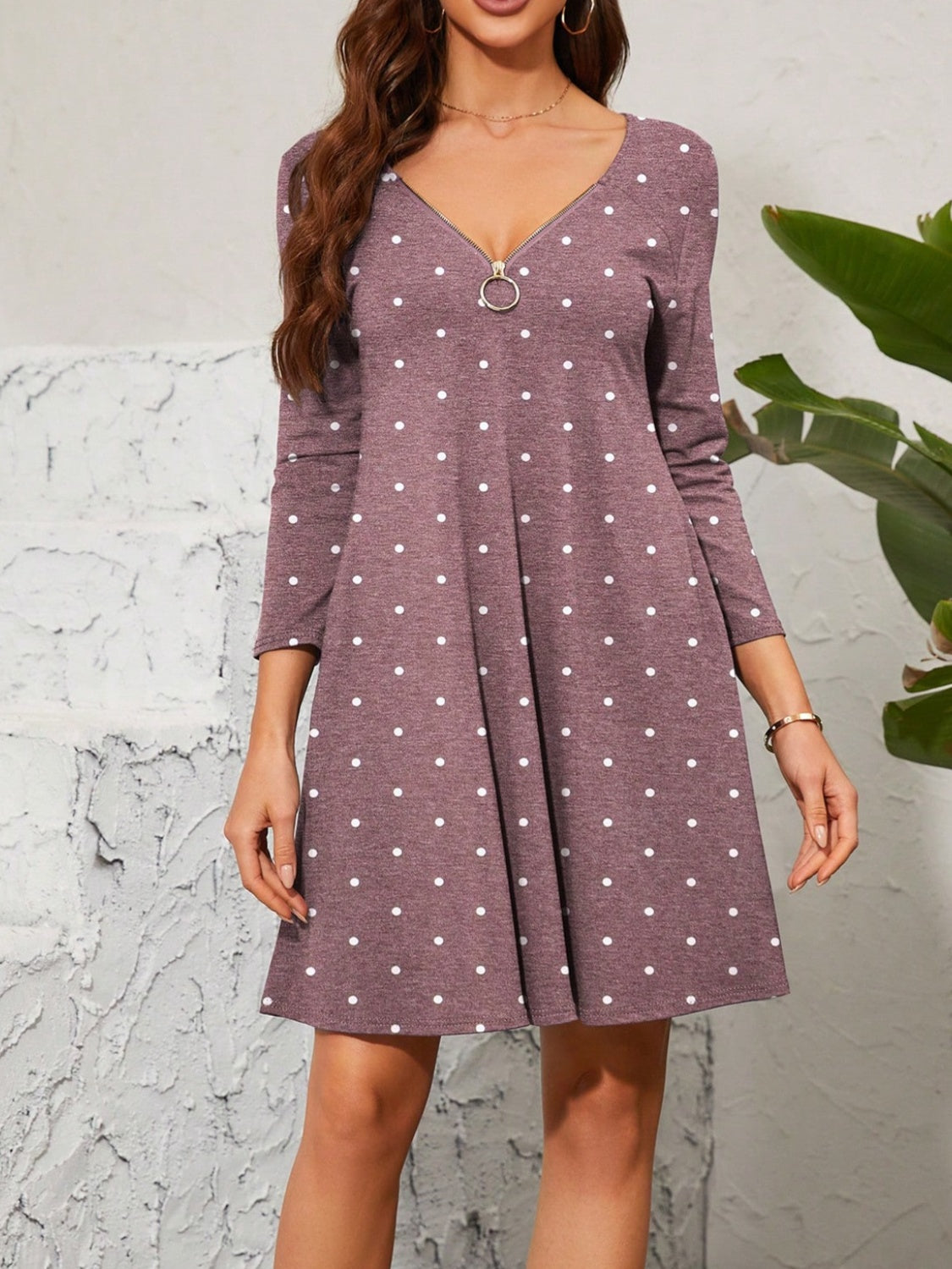 Mauve Polka Dot Quarter Zip  Dress with Long Sleeves