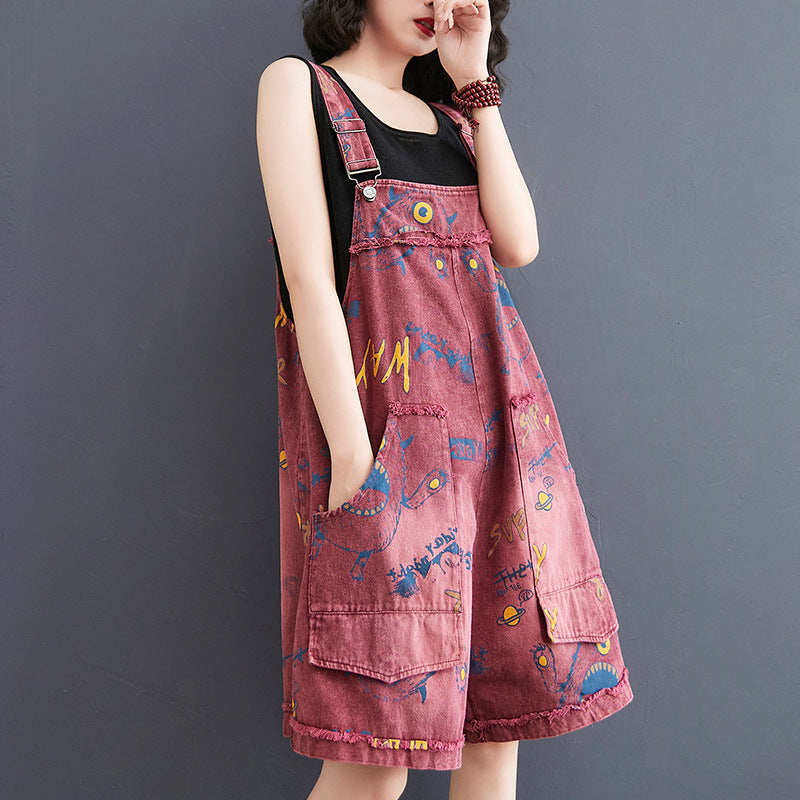 Retro Fashion Print Loose Denim Strap Overalls