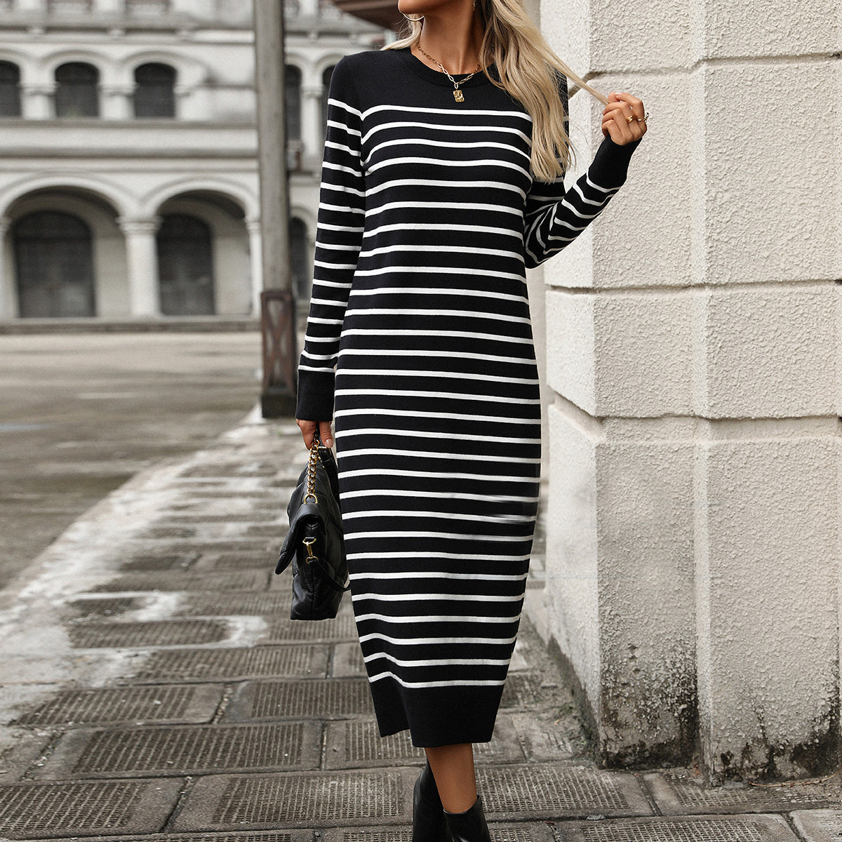 Slim Striped Printed Long Dress