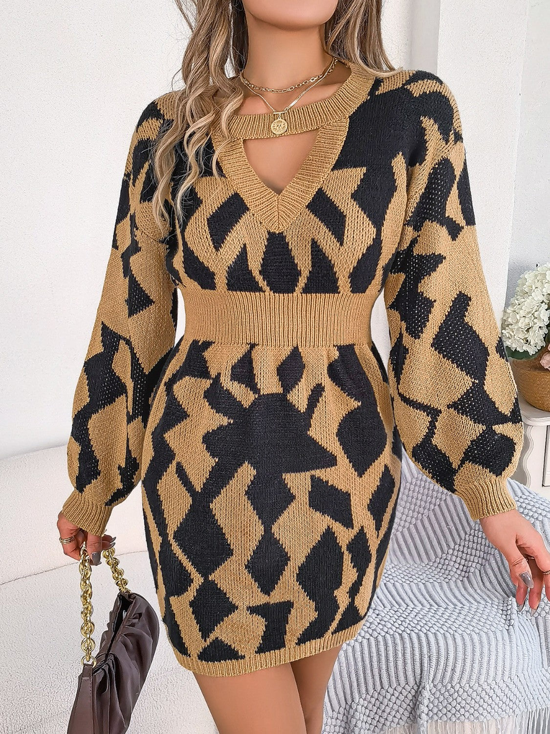 Unique Print Design Mini Sweater Dress with  Round Neck Cutout & Long Sleeve