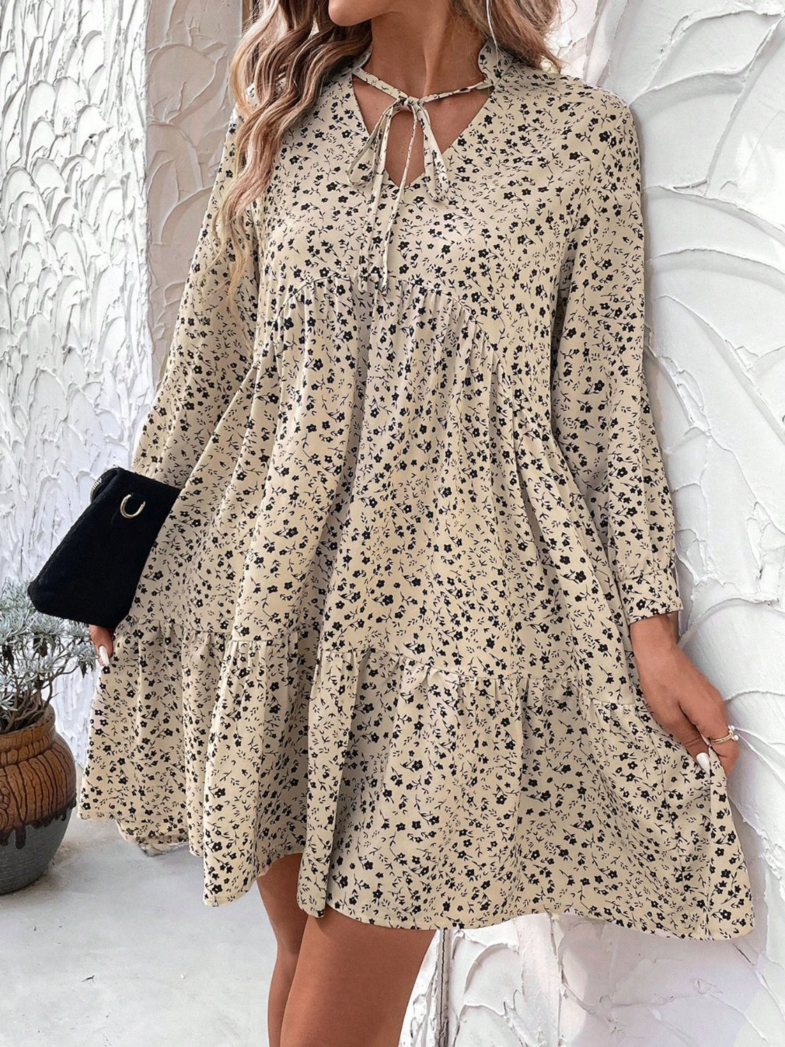 Khaki Tied Printed Mini Dress with  Long Sleeve