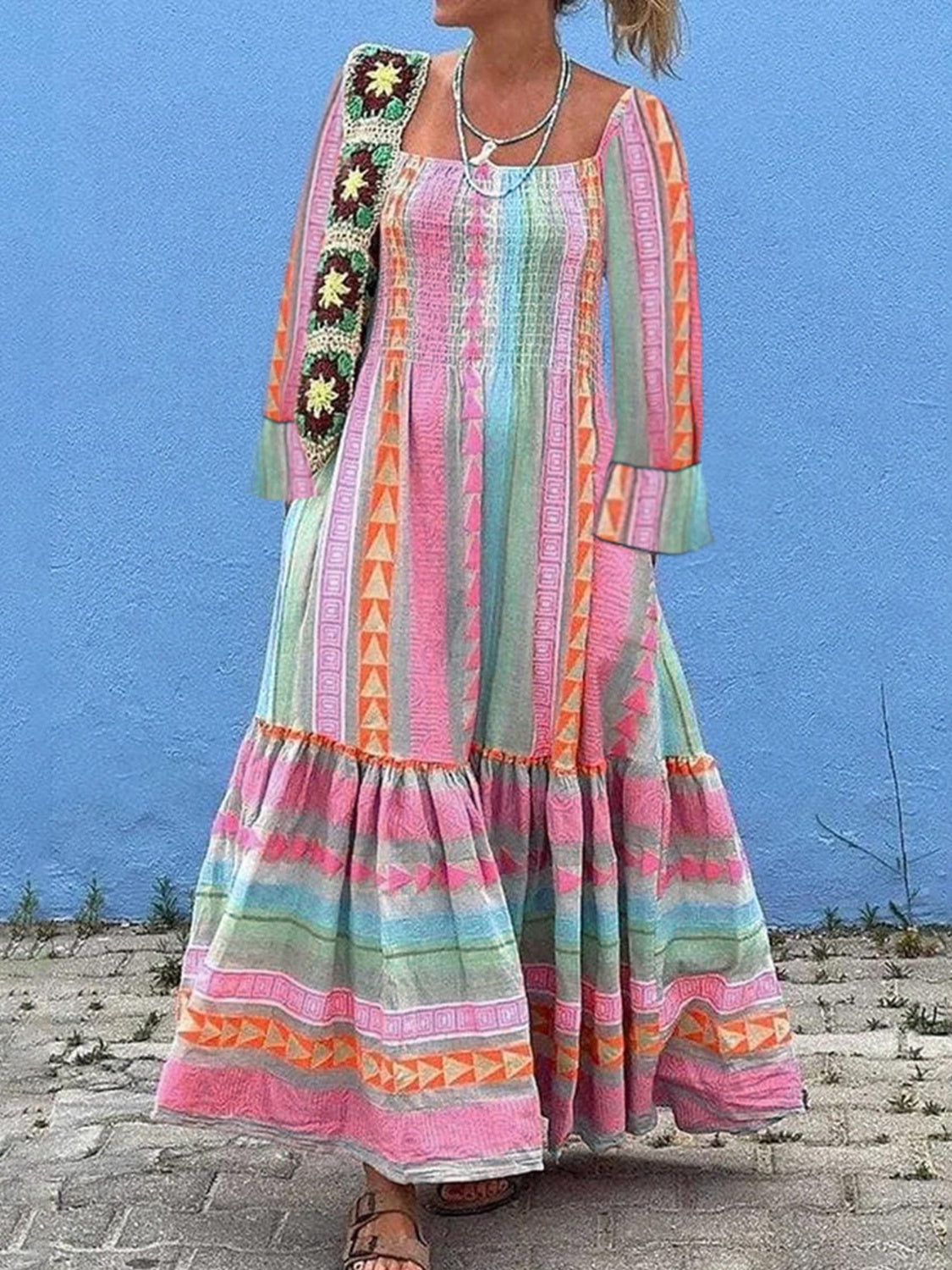 Coral Pink Ruffled Multicolor Striped Maxi Dress with Long Sleeves