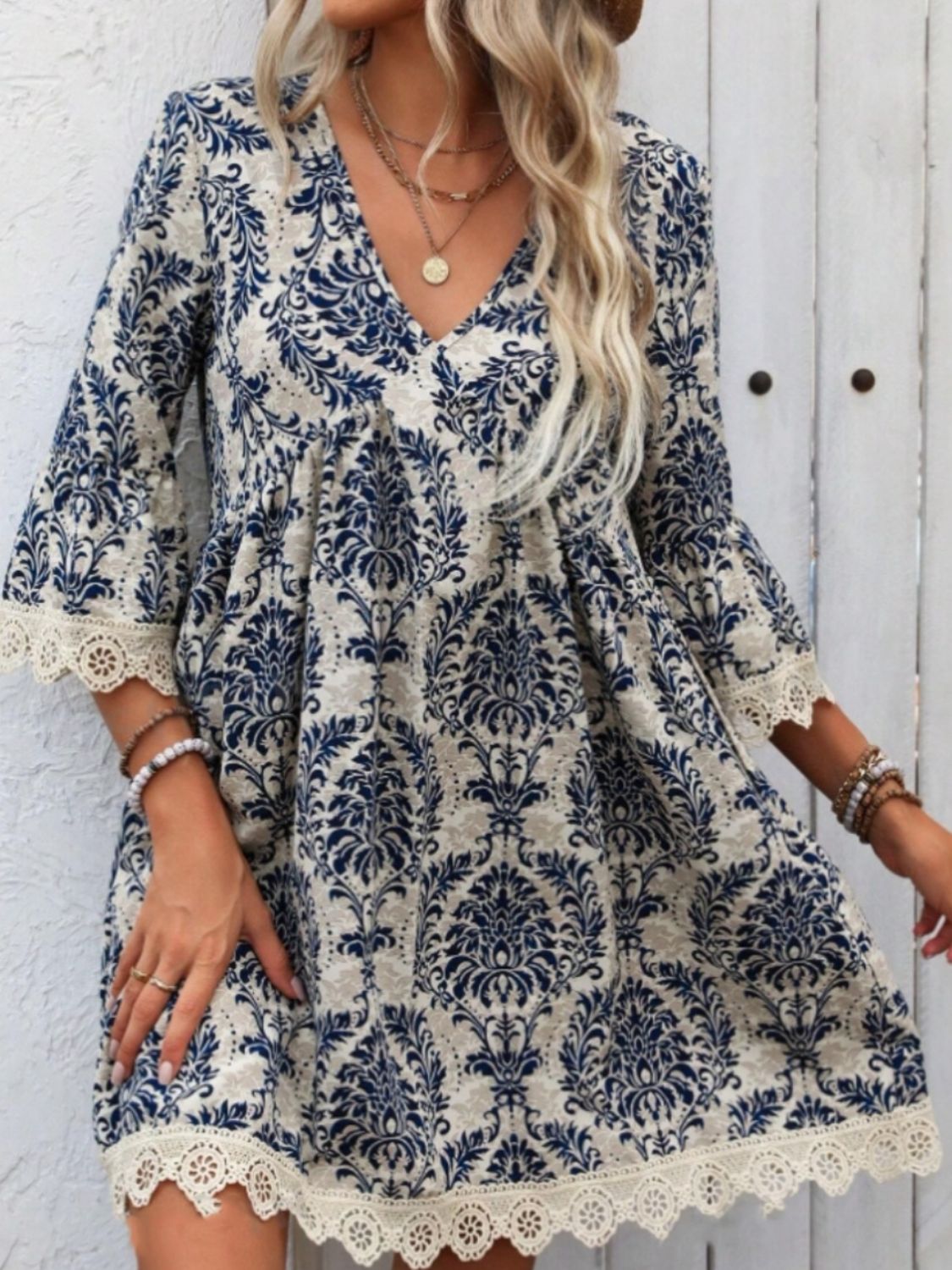 Ruffle V-Neck Mini Dress with Lace Design & 3/4 Sleeves