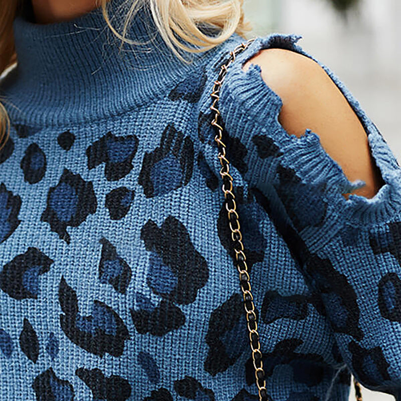 Bold Blue Leopard High-Neck Sweater