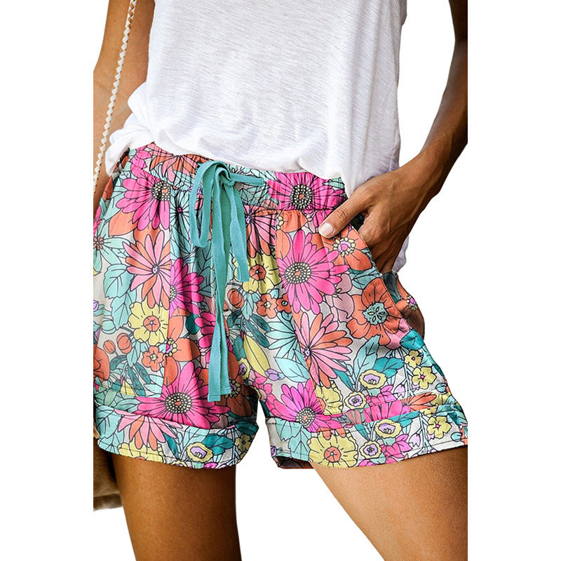 Floral Print High Waist Lace Up Casual Shorts