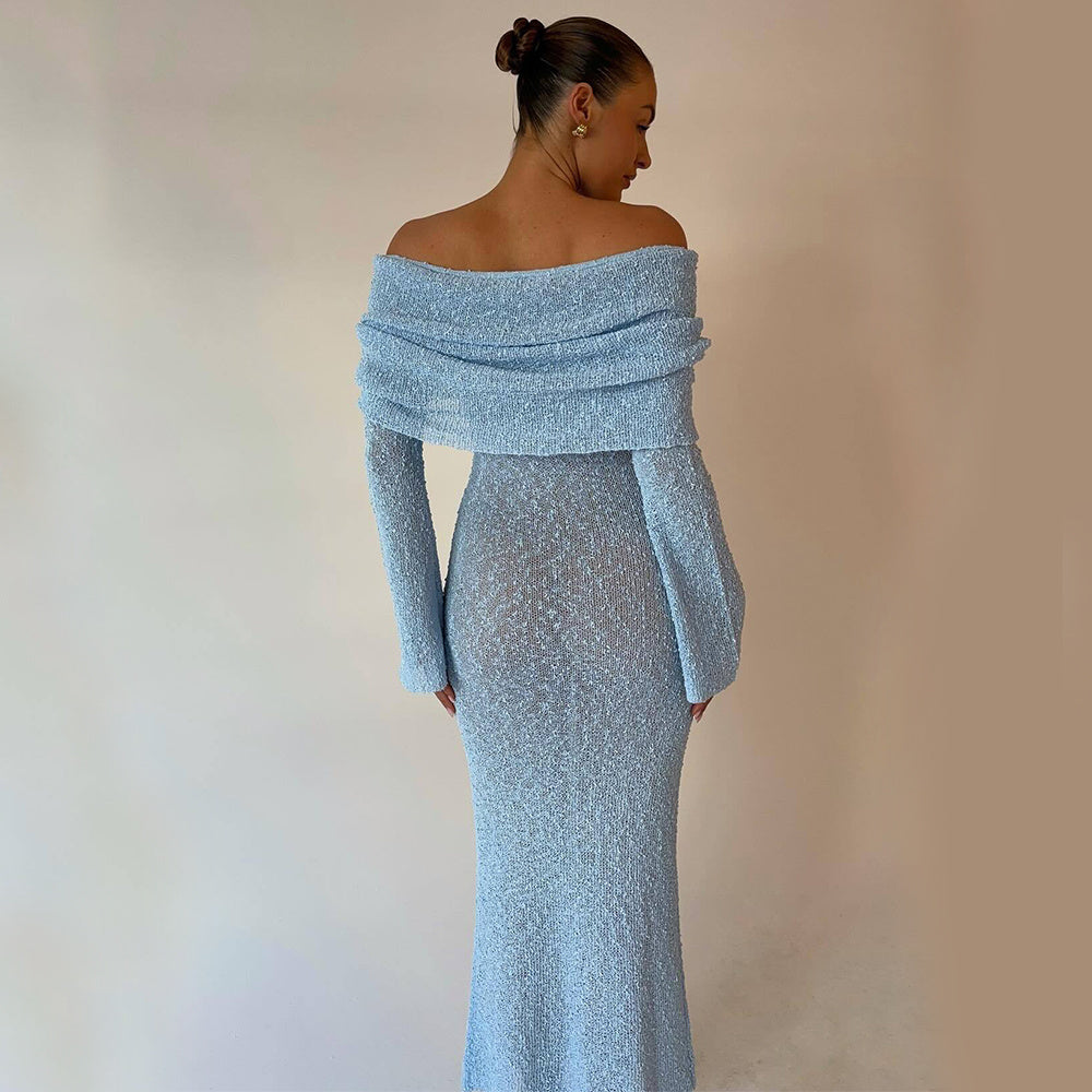 Beach Holiday One-shoulder Knitted Long-Sleeved Dress