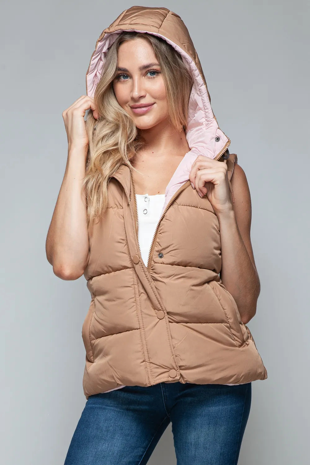 Stylish Snap And Zip Closure Hooded Vest