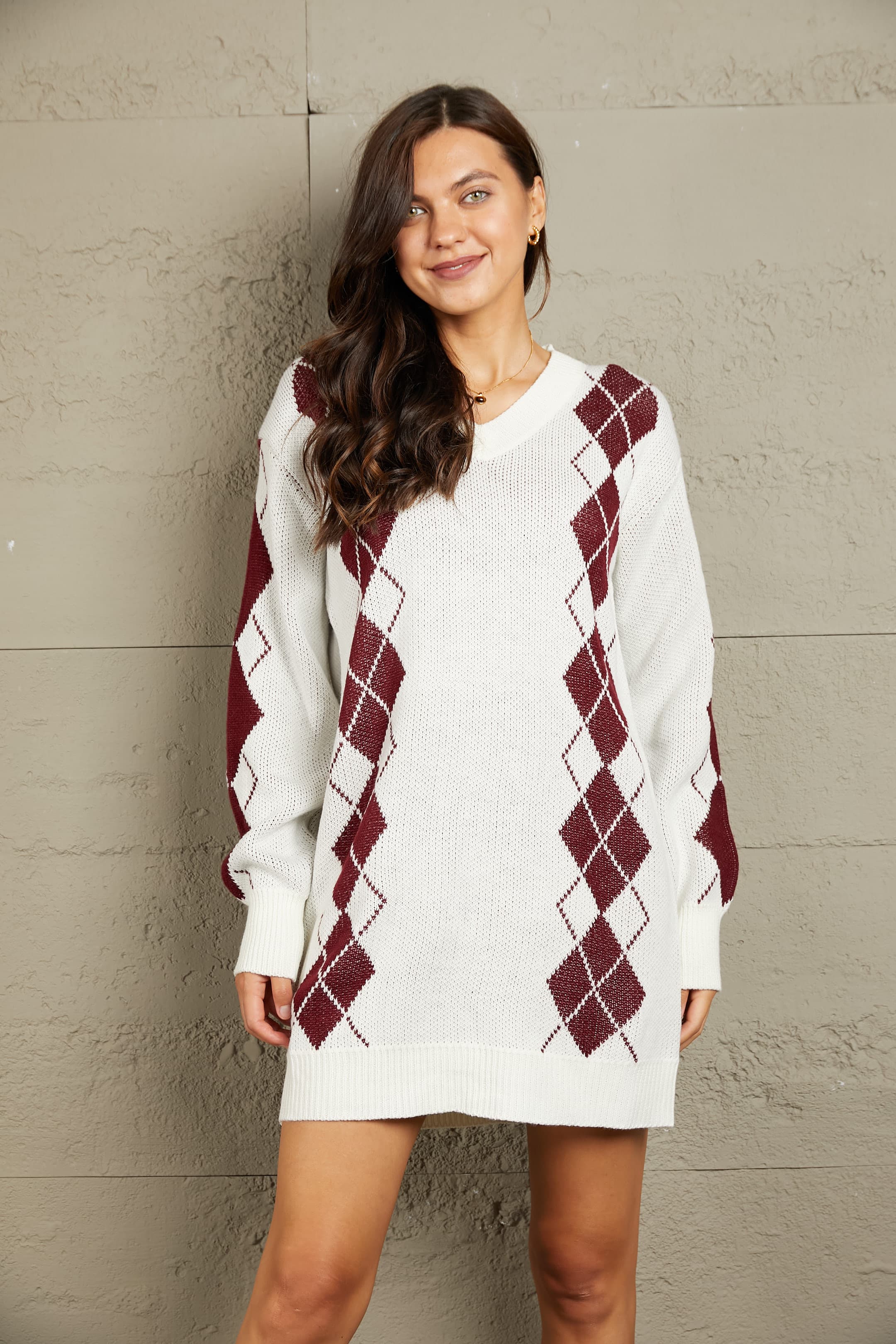 Woven Argyle V-Neck Ribbed Trim Sweater Dress