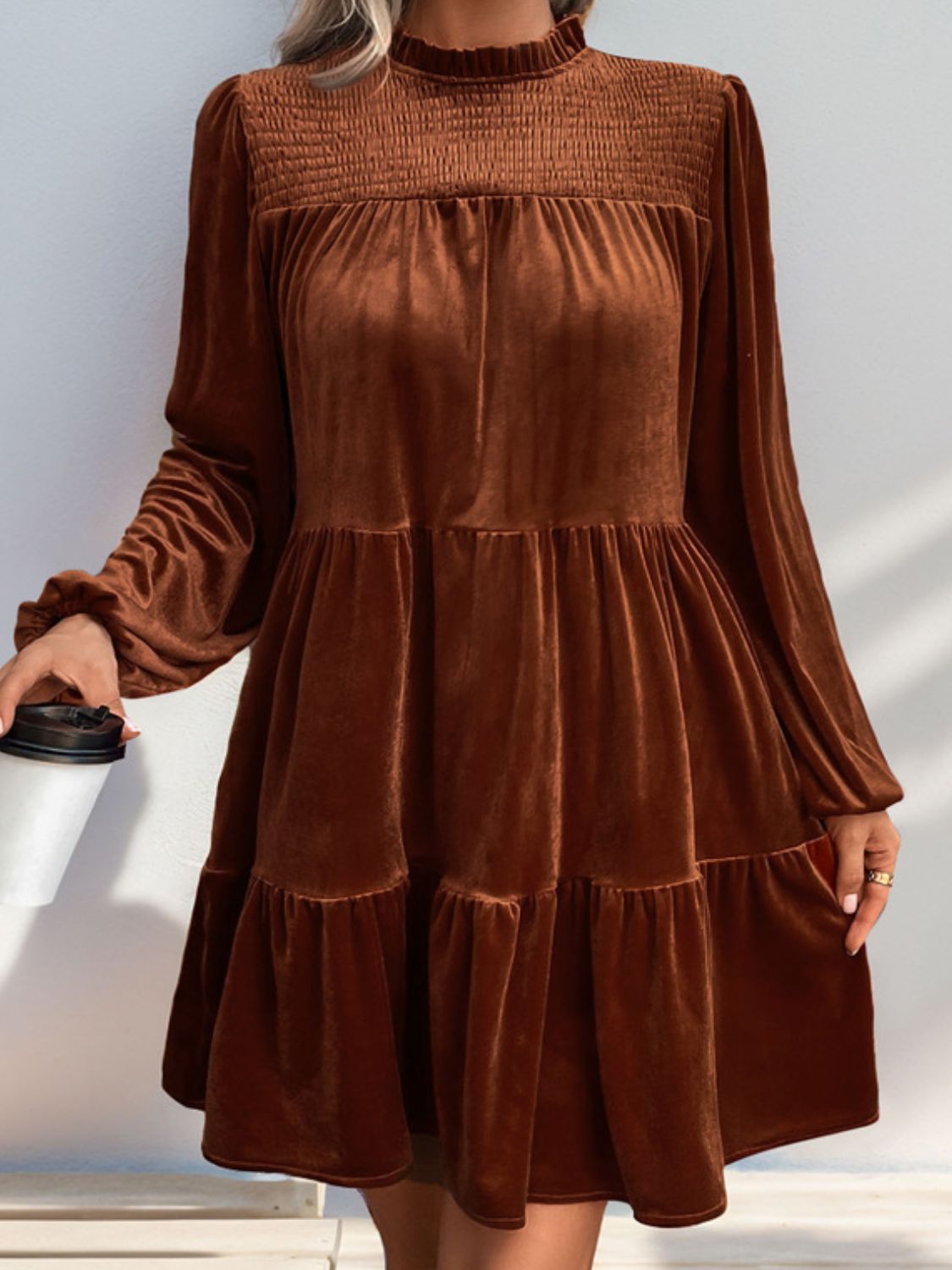 Caramel Mocha Ruffle Dress with Ruched Mock Neck & Long Sleeves