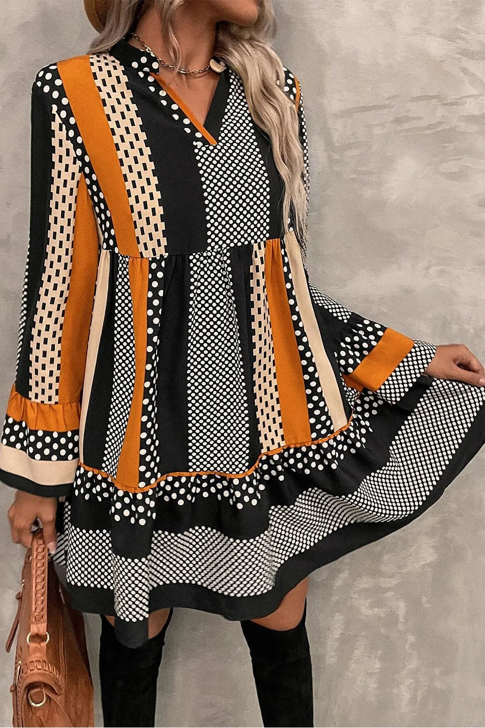 Orange Printed Notched Long Sleeve Mini Dress