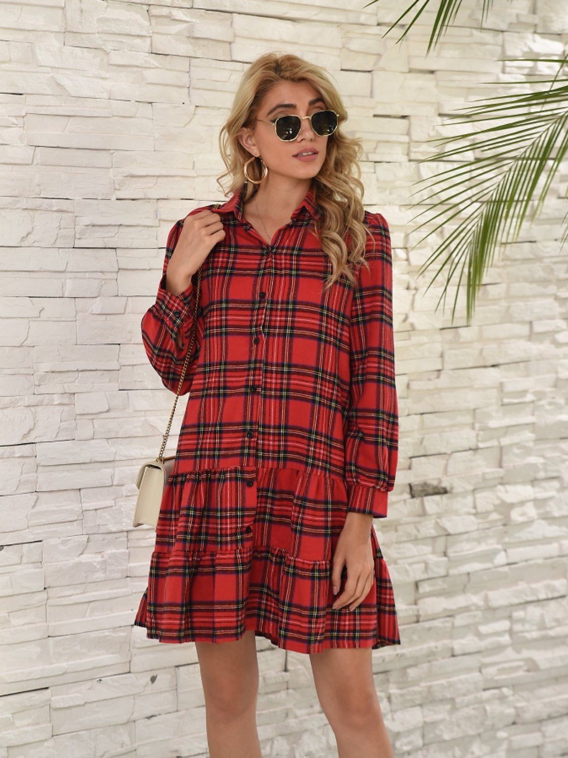 Shirt Style Checkered Plaid Button Down  Ruffle Hem  Dress with  Long Sleeve