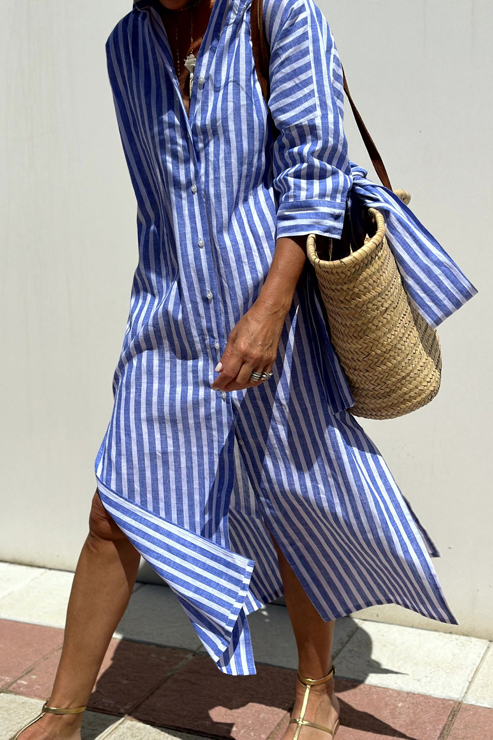 Popular Style Stripes Shirtdress with Three-Quarter Sleeve