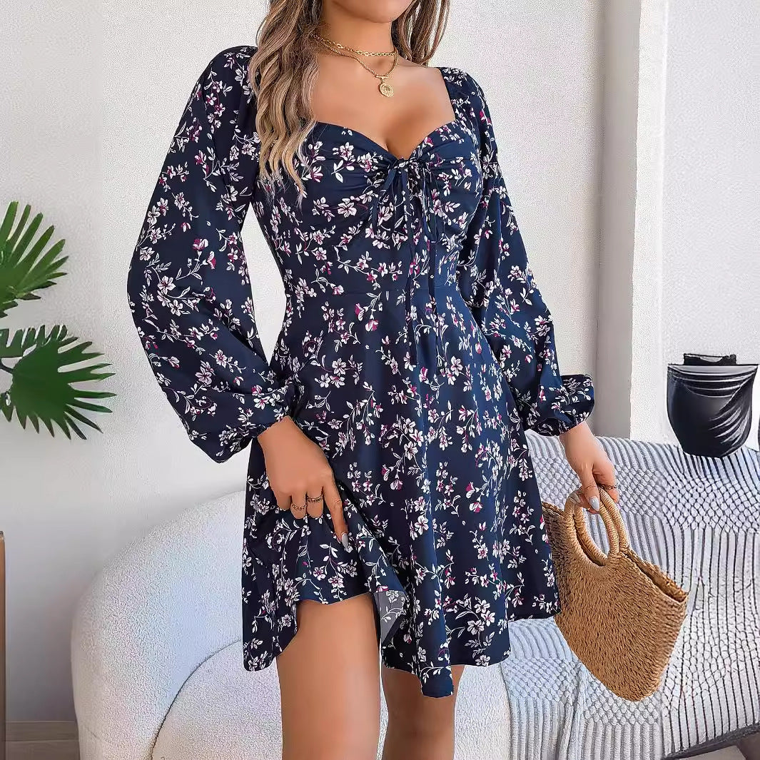 Chiffon Floral Print Short Square Neck  Dress with Long Lantern  Sleeve