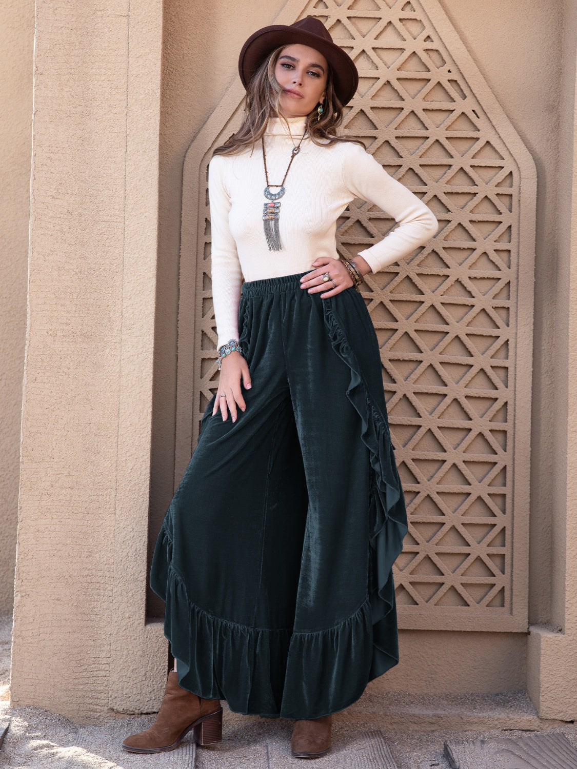 Frill Trend Ruffle Trim Wide Leg Slit Pants