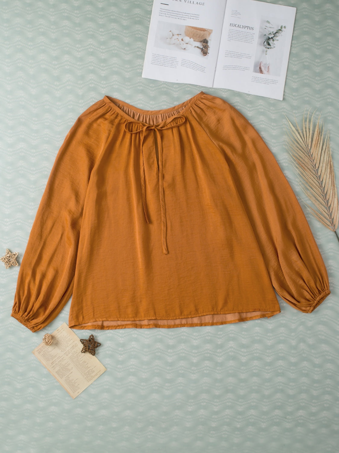 Caramel Tie Neck Balloon Sleeve Blouse