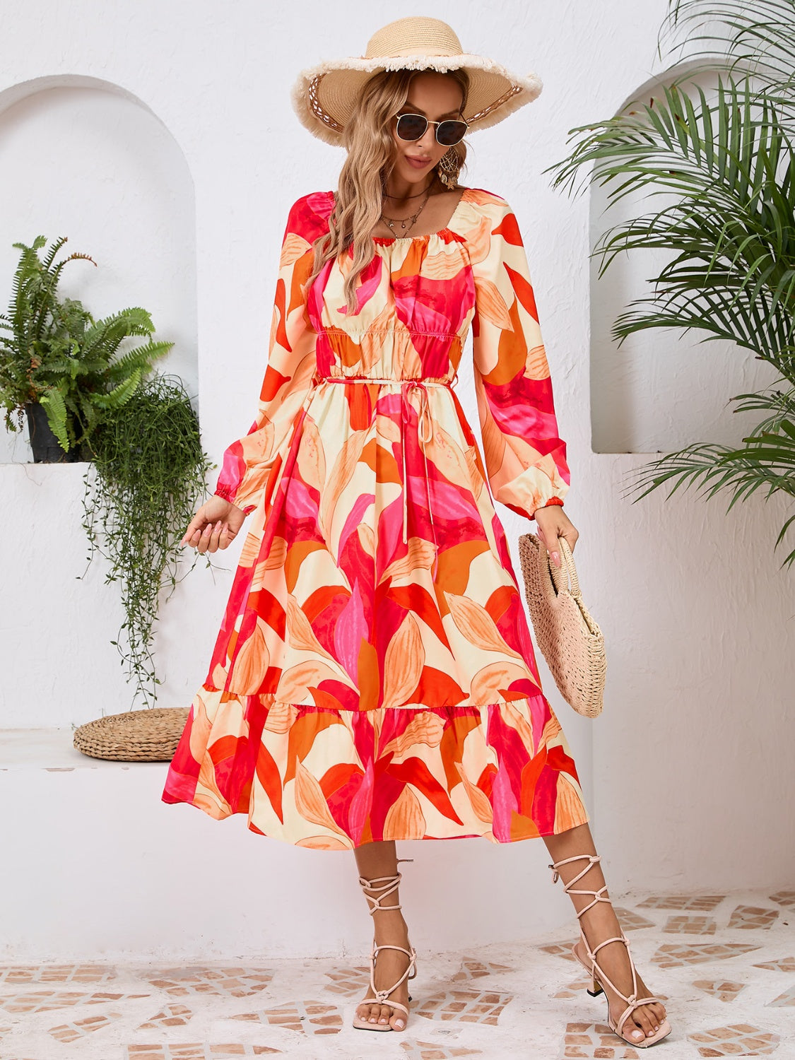 Happy Boho Printed Midi Dress with Long Sleeve