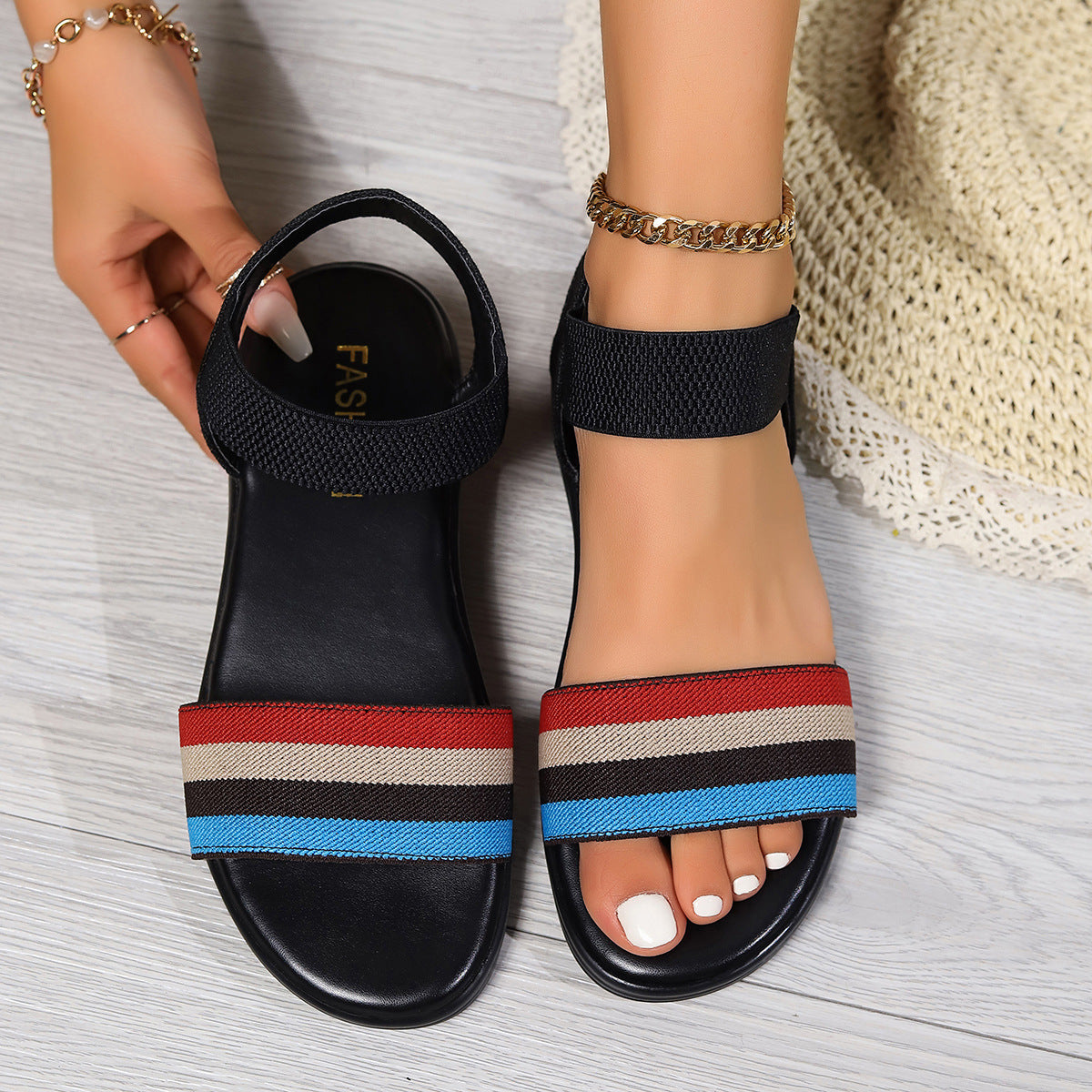 Color-block Elastic Fish Mouth Flat Summer Sandals