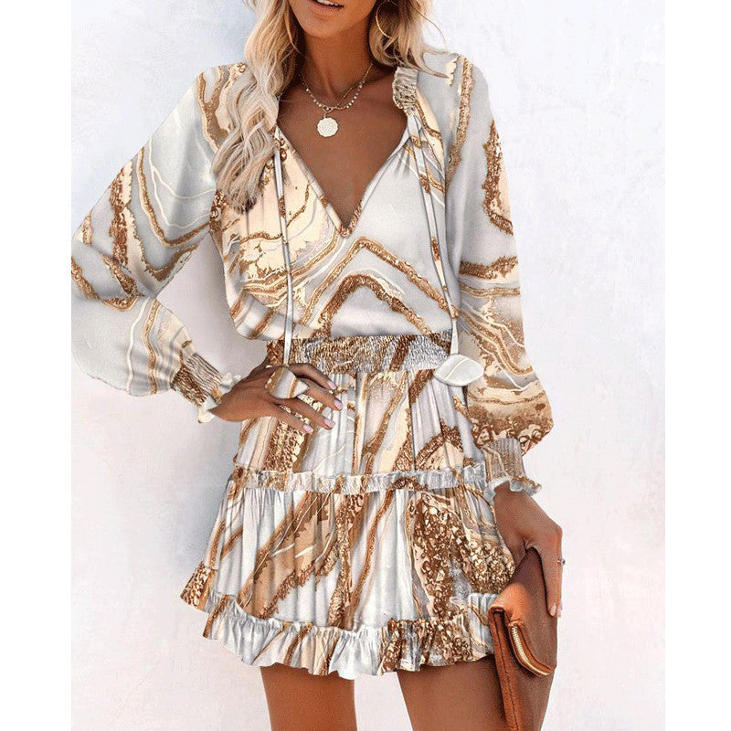 Flowers Patchwork  Print Long Sleeve Dress with Puff Sleeve