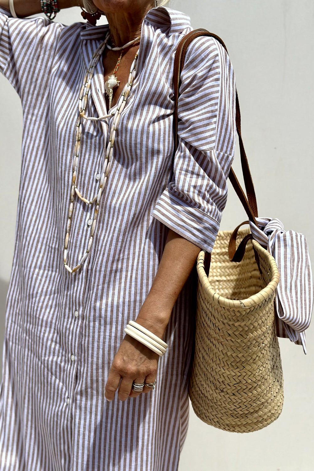 Popular Style Stripes Shirtdress with Three-Quarter Sleeve