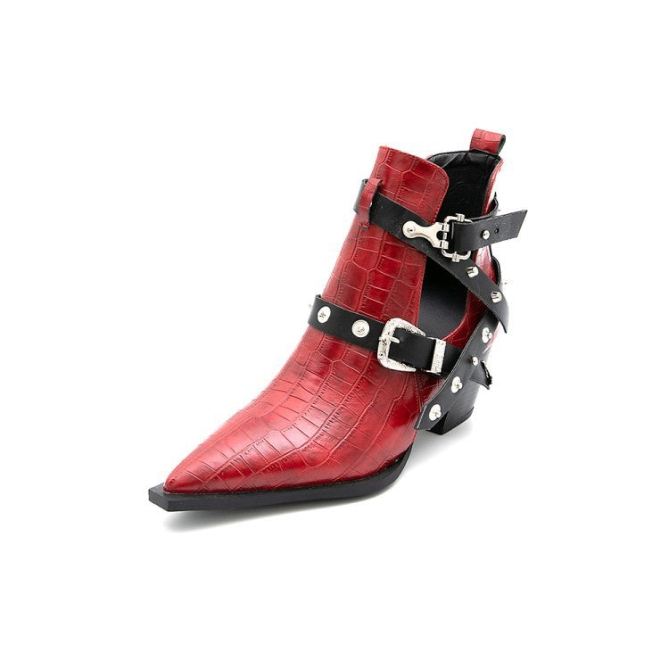 Rivet Buckle Strap Pointed Toes Gothic Cowboy Boots