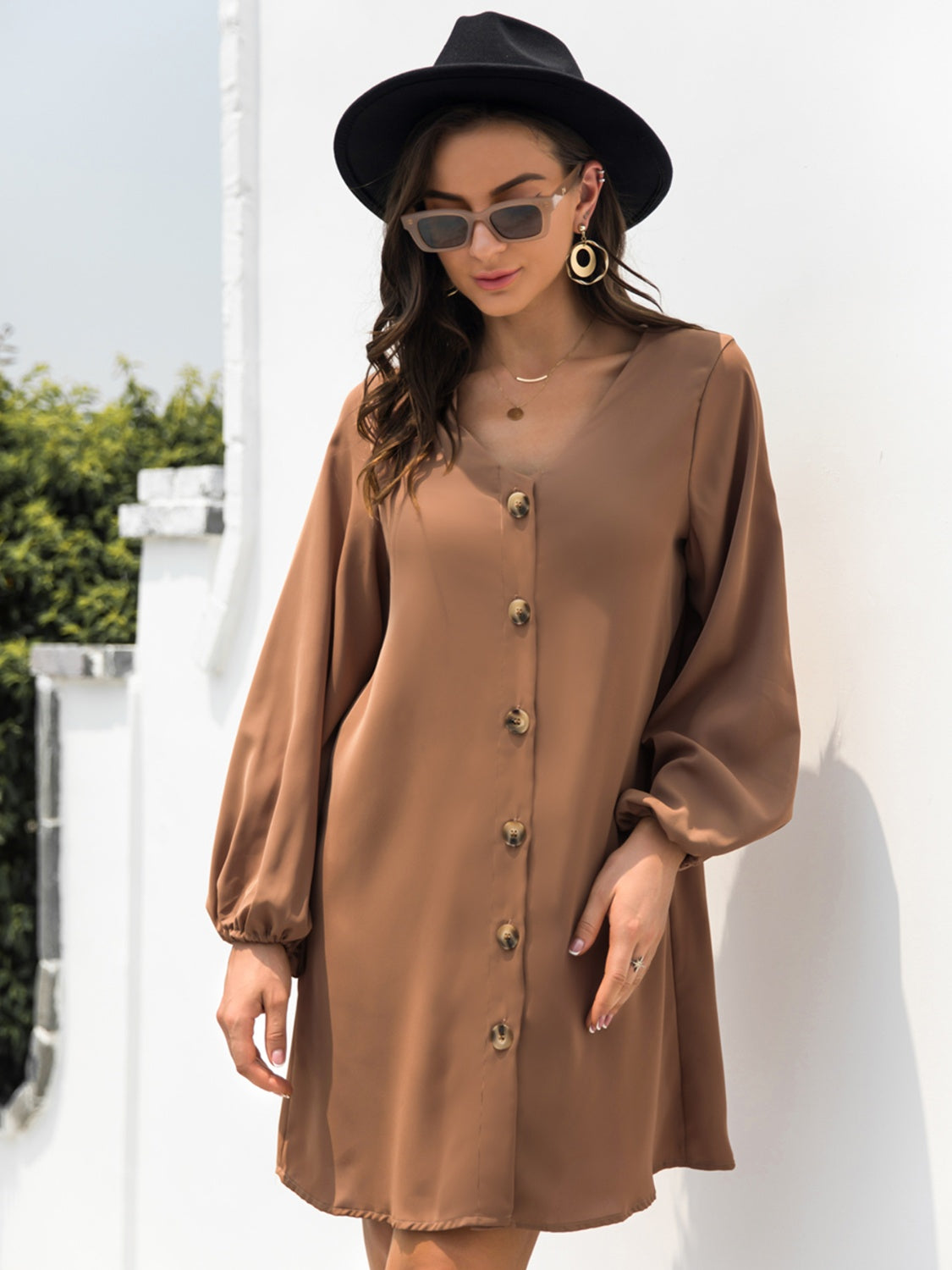 New Autumn  Mini Buttoned Dress with V-Neck & Long Sleeves