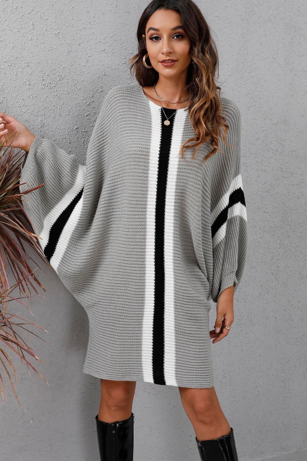 Chic  Ribbed  Sweater Dress with Round Neck & Long Dolman Sleeves