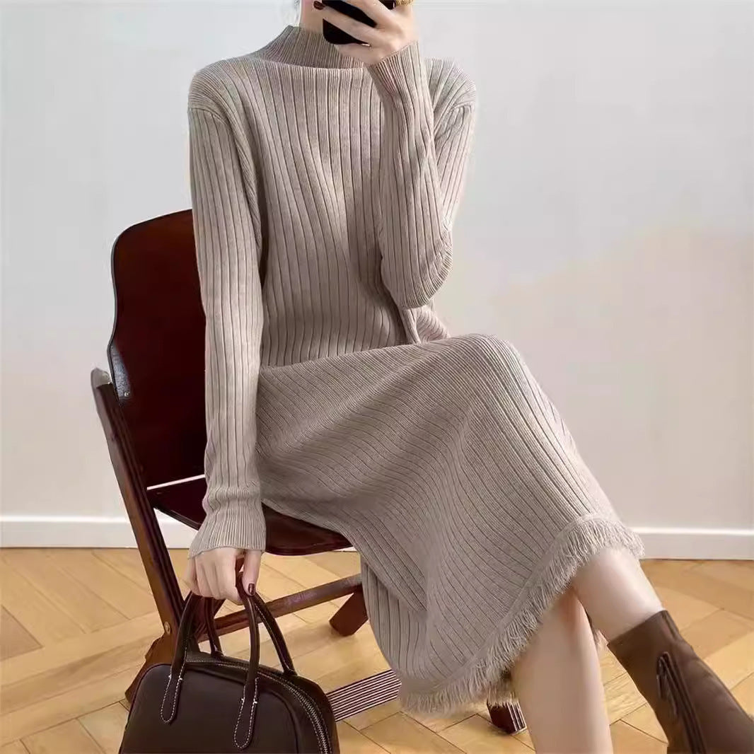 Mock Neck Sweater Mid-length Tassel Knitted Dress