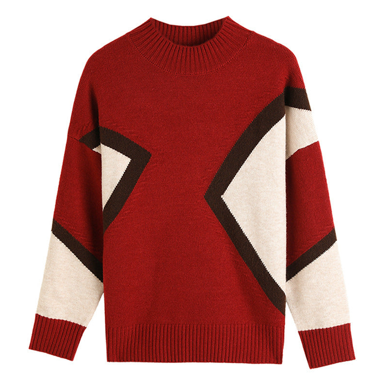 Classic Charm Geometric Pattern Mock Neck Knit Sweater