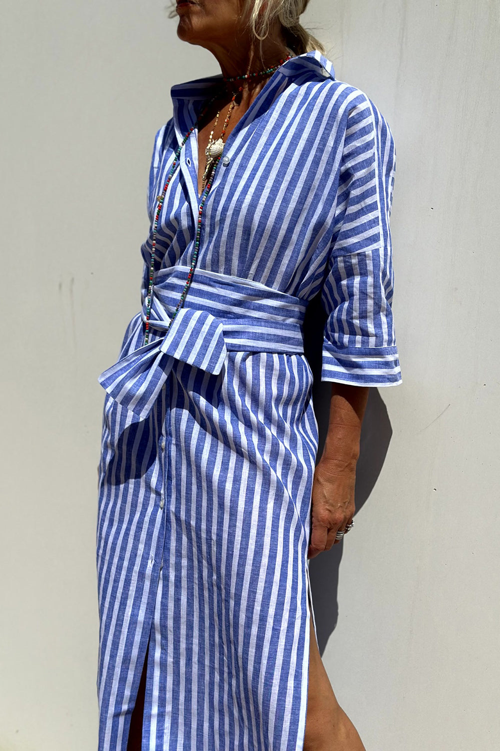 Popular Style Stripes Shirtdress with Three-Quarter Sleeve