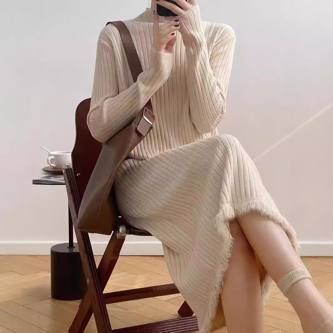 Mock Neck Sweater Mid-length Tassel Knitted Dress