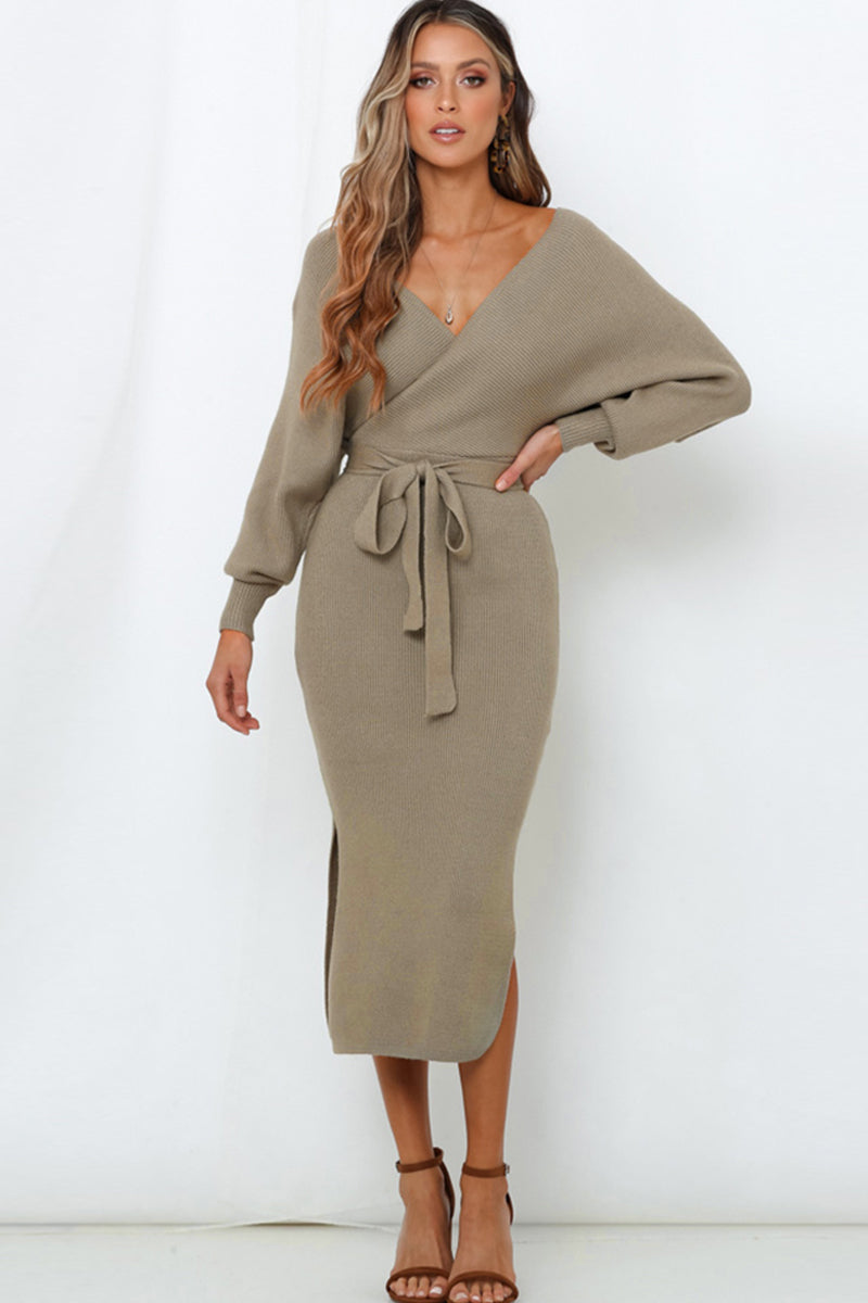 V-Neck Bow Waist Slit Sweater Dress