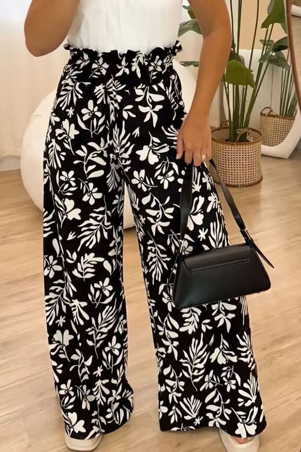 Full Size Floral Printed High Waist Wide Leg Pants