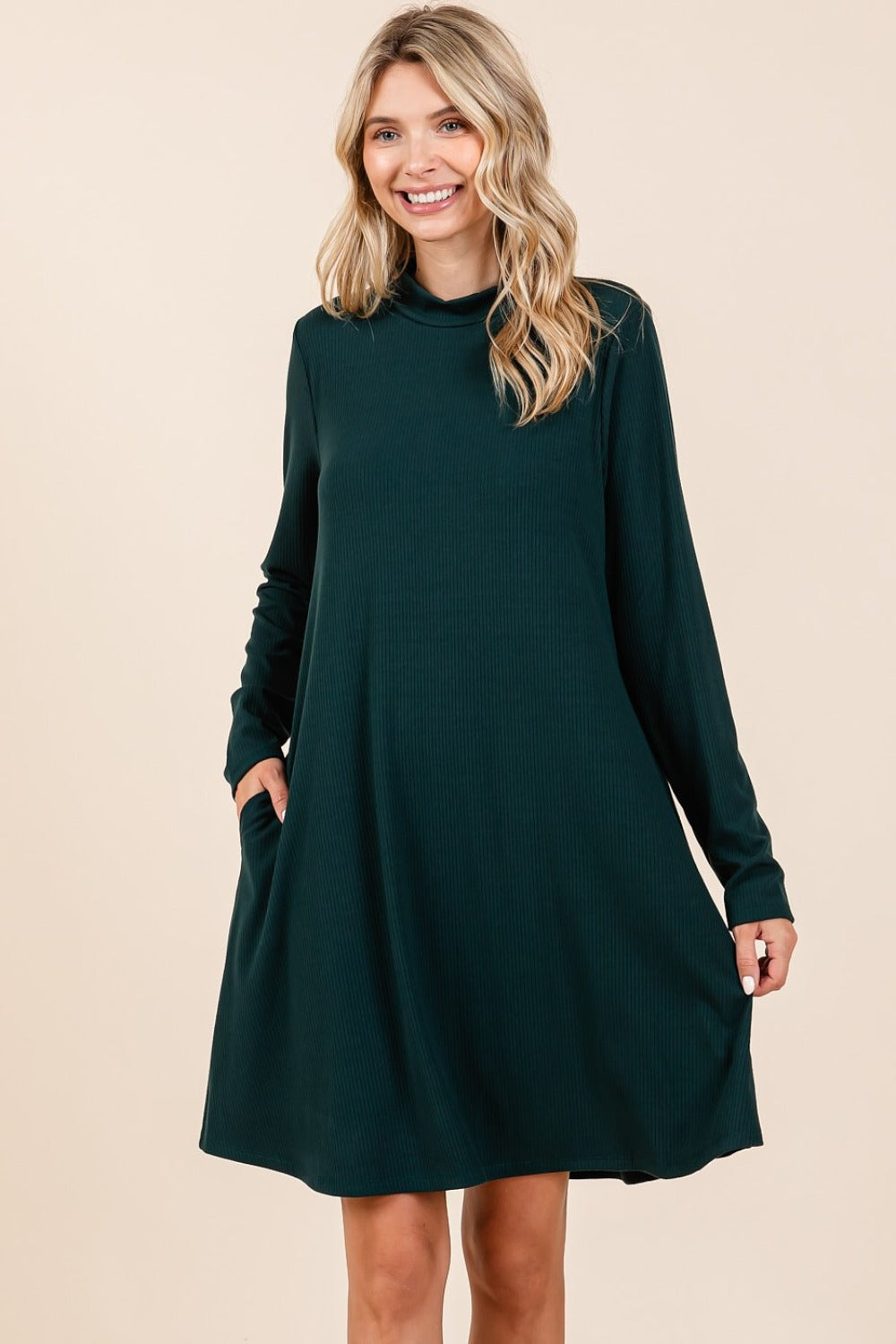 Black Casual Mock Neck Long Sleeve Dress with Pockets