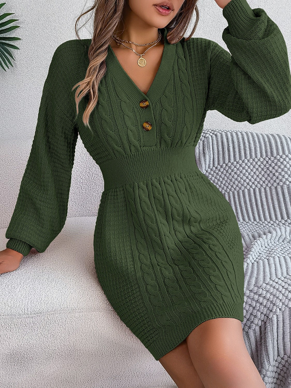 Classic Buttoned Cable-Knit V-Neck Sweater Dress