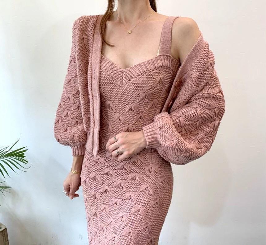 Knitted Coat Lantern Sleeve 2-piece Dress