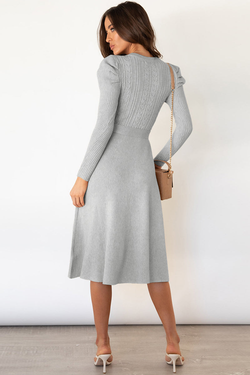 Round Neck Long Sleeve Tie Waist Midi Sweater Dress