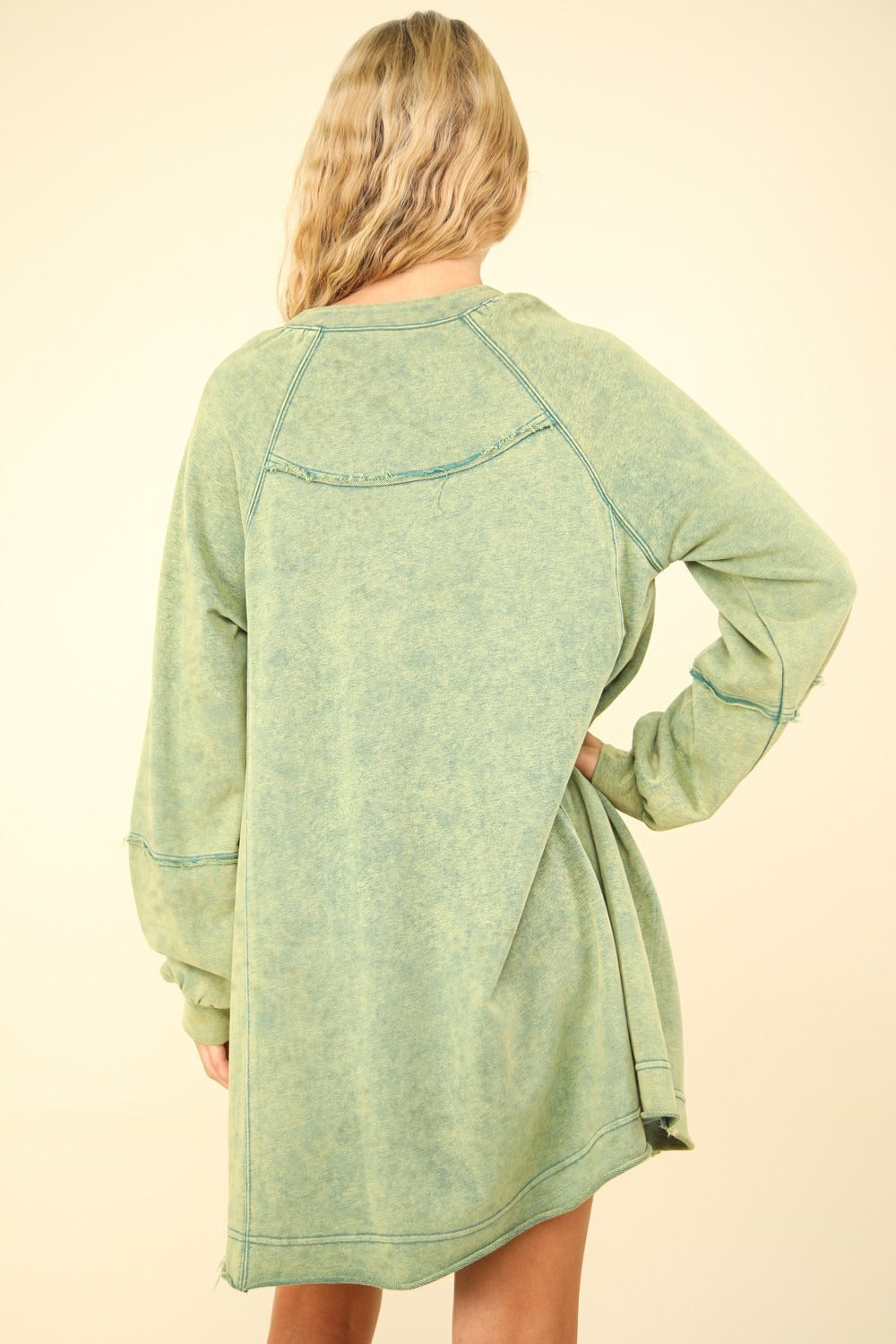 Autumn Mint Mineral Washed Oversized  Mini Dress with Long Sleeves