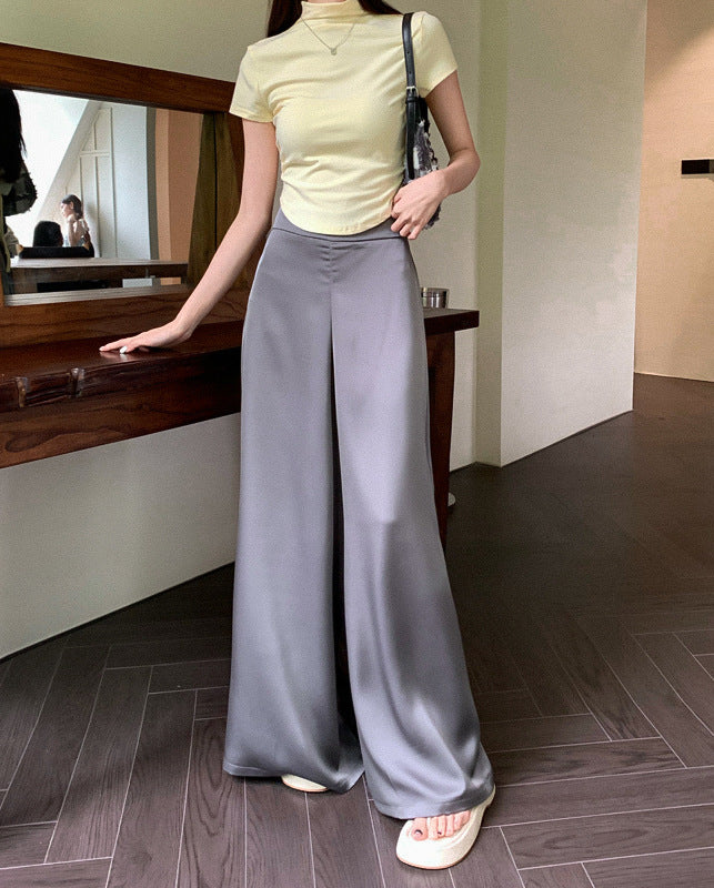 Acetate Satin High Waist Wide Leg Casual Pants