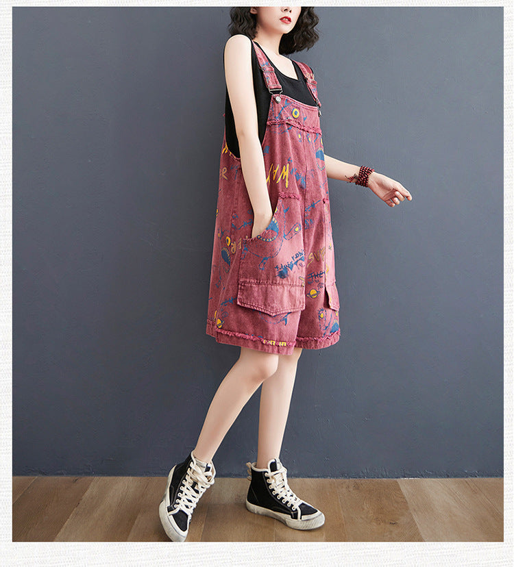 Retro Fashion Print Loose Denim Strap Overalls