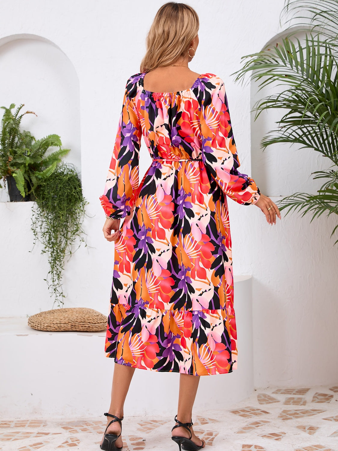 Happy Boho Printed Midi Dress with Long Sleeve