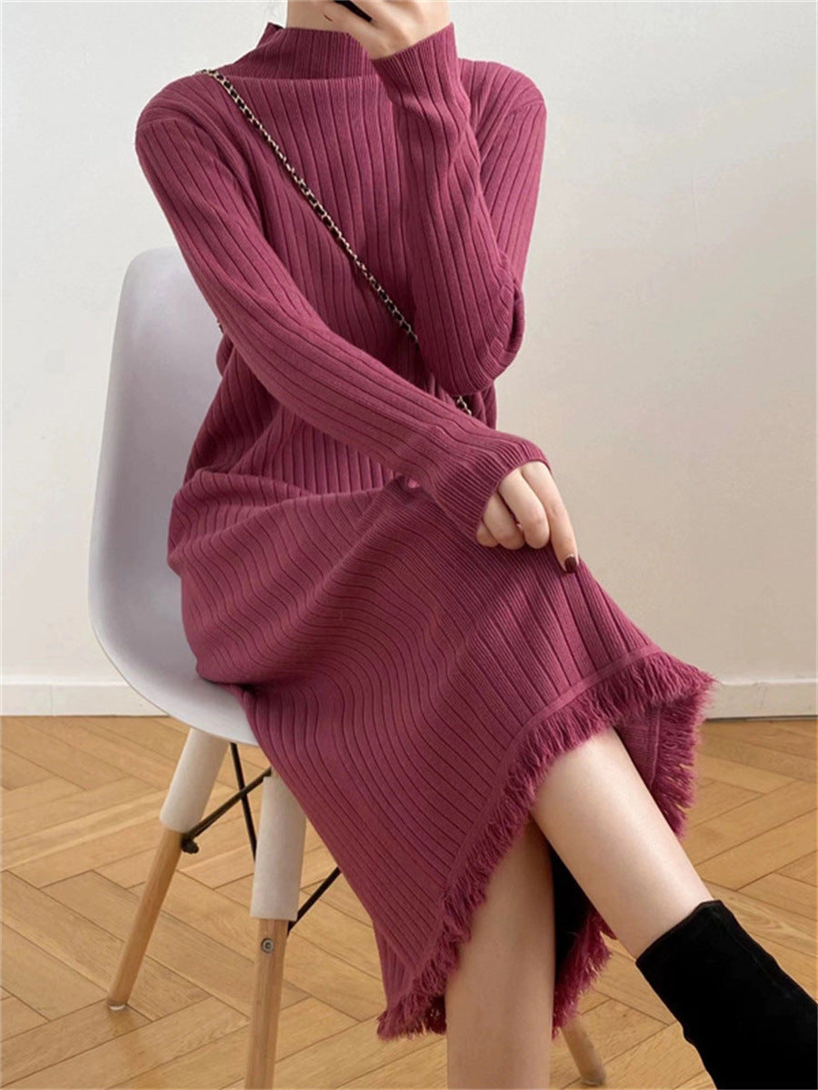 Mock Neck Sweater Mid-length Tassel Knitted Dress