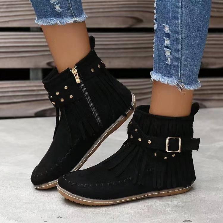 Retro Flat Ankle Moccasin Boots With Rivet Tassel